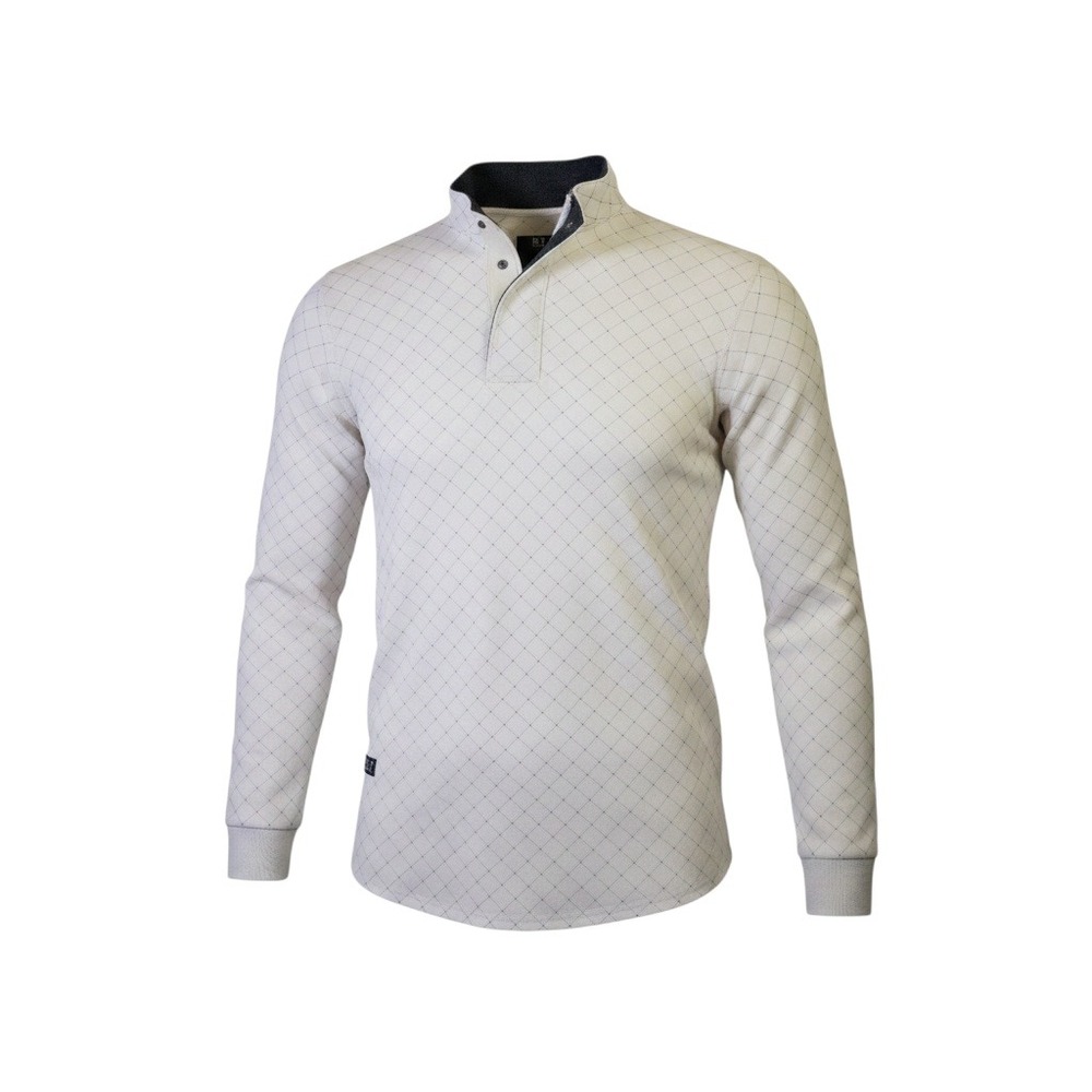 BYLT Premium Basics Mens XL Long Sleeve Polo Shirt Cream Diamond Grid Mock Neck